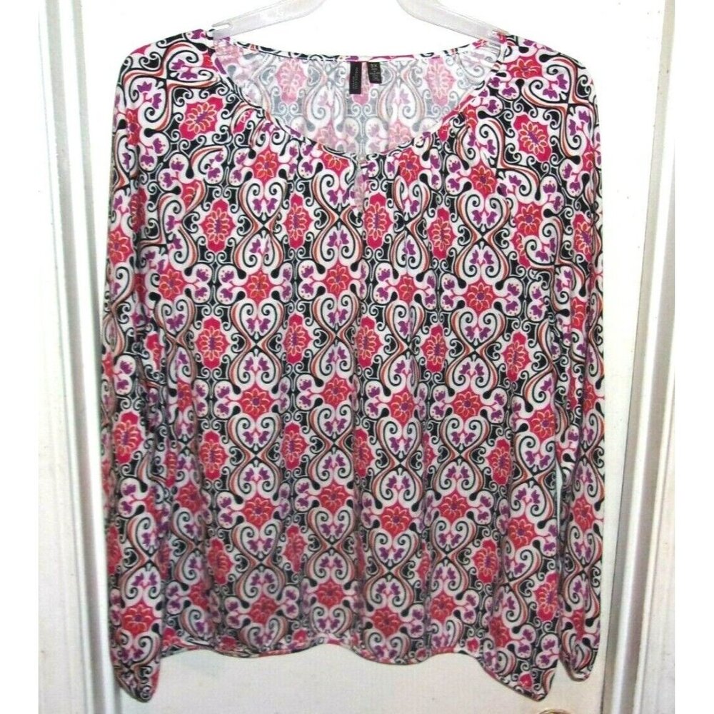 Madison Woman Ikat Blouse Orange Pink White Keyhole Neckline 3X Pima Cotton